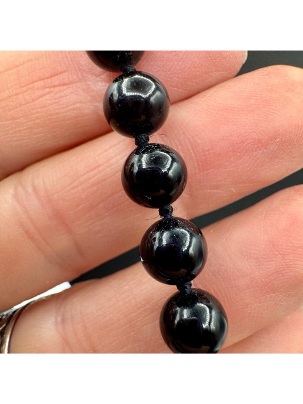 Vintage Monet Black Glass Bead Necklace 24" 8mm Hand Knotted Classic Old Money - Picture 2 of 6